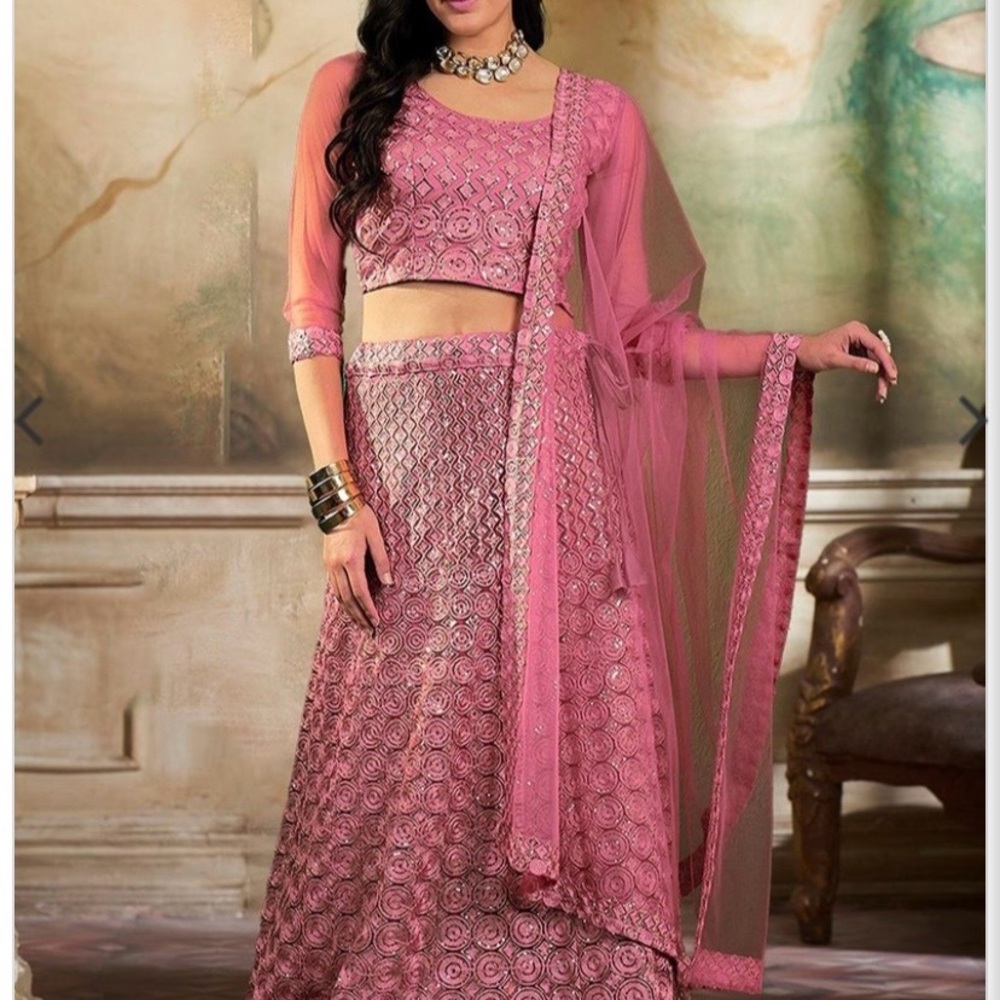 Pink Sequin Embroidered Lehenga Set With Dupatta